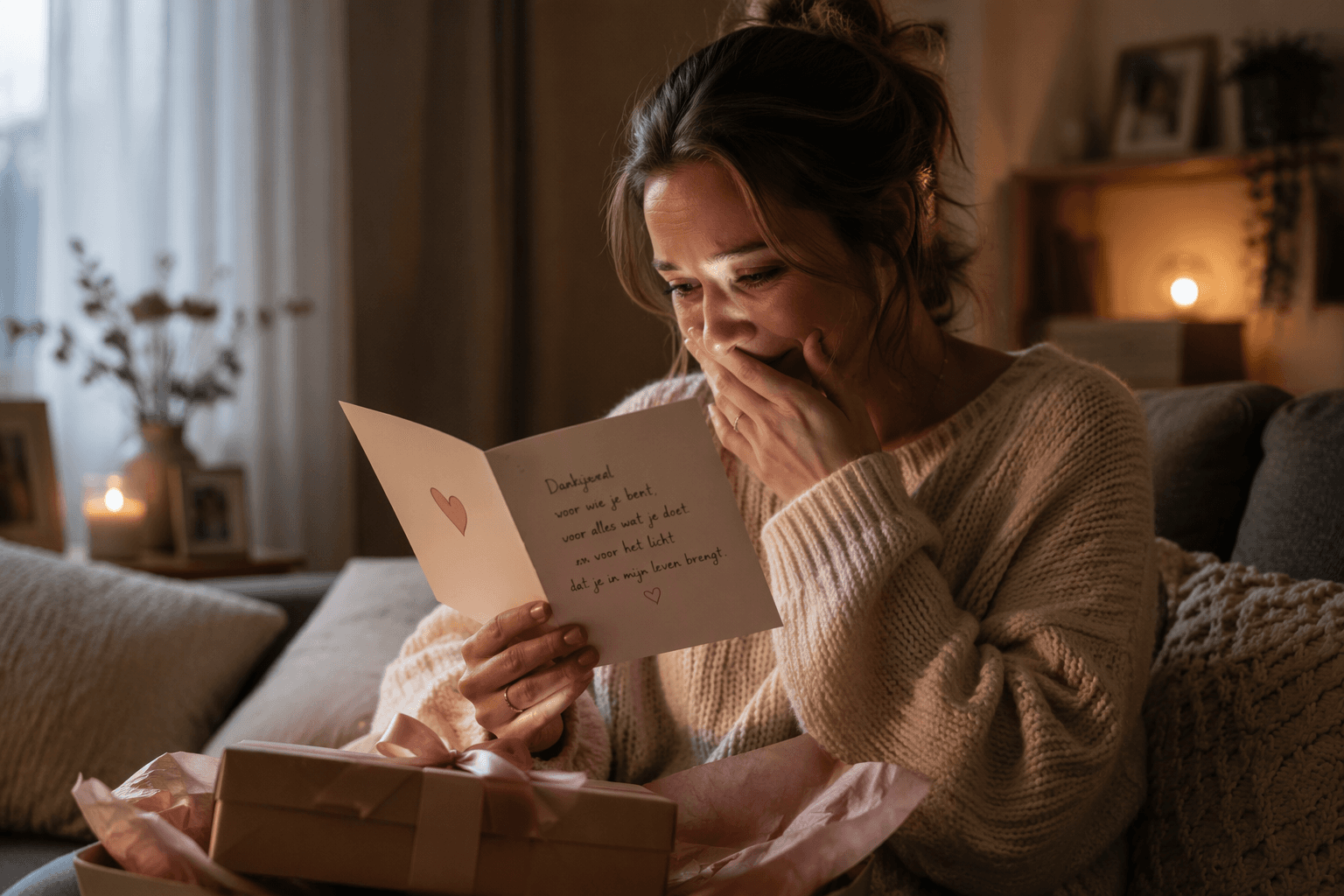 Picture of emotional person with card in hand